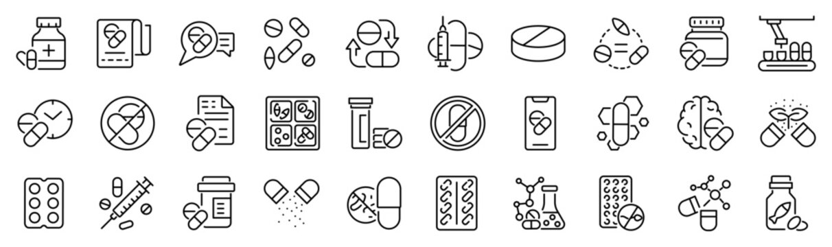 Set of 30 outline icons related to pills, medications. Linear icon collection. Editable stroke. Vector illustration