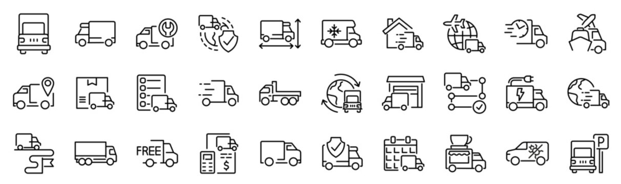Set of 30 outline icons related to truck. Linear icon collection. Editable stroke. Vector illustration