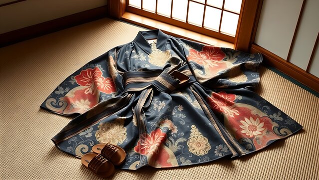 An ornate kimono and obi laid out on tatami mat with geta sandals beside. event programs, museum guides, designed for cultural heritage projects and event programs.