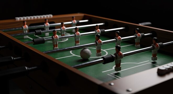 Classic foosball table ready for competitive play. Focusing on the detailed playing surface, rods, and sculpted players waiting for the ball ,table soccer ,tabletop ,amusement