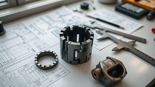 collet. Disassembled collet on a workbench beside technical drawings and calipers. safety posters, maintenance manuals, designed for precision metalworking and fabrication facilities.