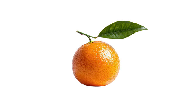 Orange citrus fruit with a small green leaf attached to the stem is visible in the center of the frame object on white and png