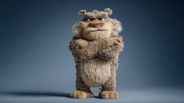 A cartoonish, furry creature, positioned against a neutral backdrop, exudes an air of defiance with crossed arms.