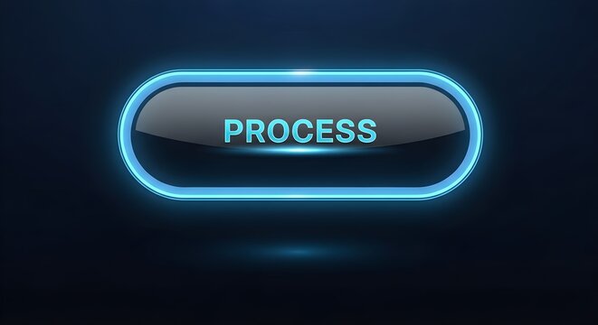 Glowing neon blue button with the word process centered on a dark digital background represents system workflow and ongoing operations visually