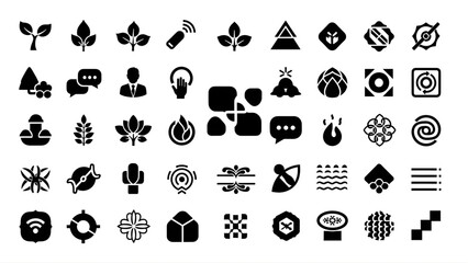 Collection of 40 black and white icons on a white background