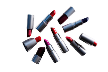 Obraz premium Circular Arrangement of Ten Lipsticks in Metallic Silver Casings on White Background