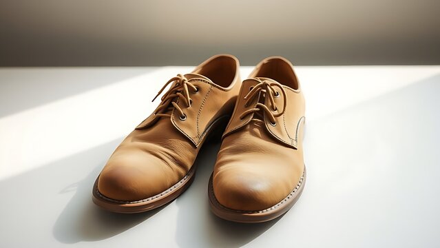 nubuck. A pair of light brown nubuck leather shoes showing fine texture and patina. lifestyle magazines, social media lookbooks, designed for lifestyle magazines and social media content.