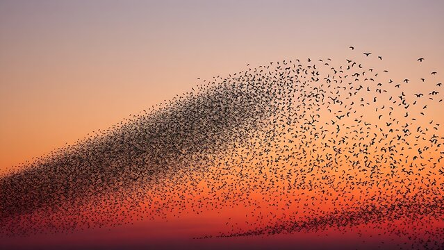 overfed. A murmuration of starlings transitioning from a dense cloud to scattered birds against a dusk sky. wildlife magazines, conservation campaigns, designed for eco-tourism storytelling.