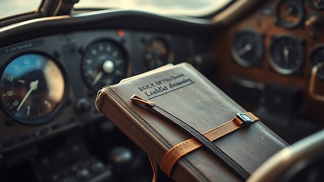 logbook. A vintage aircraft cockpit with a flight logbook next to classic dial instruments. mobility guides, transit brochures, designed for transport & logistics marketing.