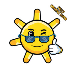 Cute Sun Mascot with Sunglasses and Thumbs Up. Happy Summer Cartoon Vector Illustration