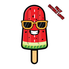 Cute Watermelon Popsicle Mascot with Sunglasses. Funny Summer Ice Cream Cartoon Vector Illustration