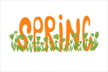 The inscription Spring is written in a free style in orange, surrounded by green flowers on a white background