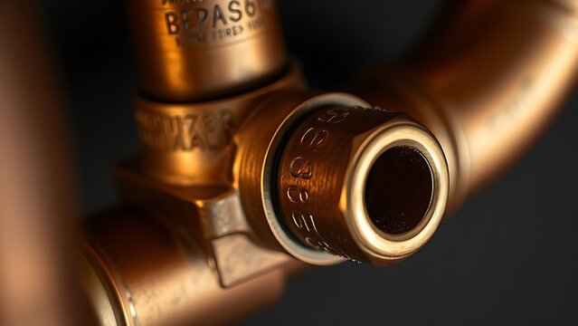 Close-up of a shiny brass joint connecting two copper pipes. safety posters, maintenance manuals, designed for industrial assembly lines and welding operations, used by engineers.