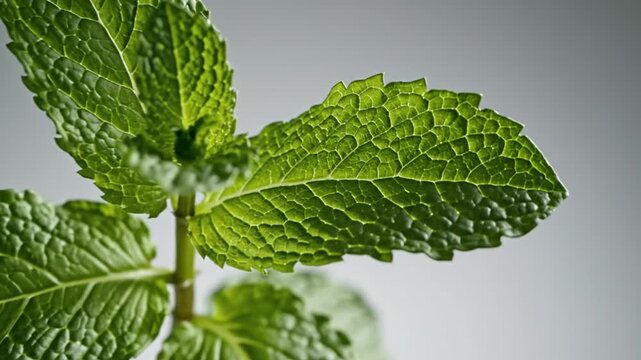 Close-up of vibrant green plant leaves with textured surfaces and prominent veining. Leaves on a stem