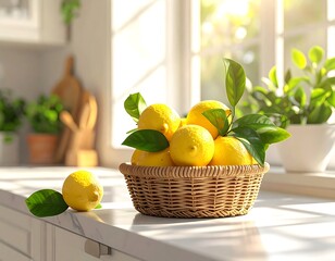 Basket of lemons with leaves on a bright, white counter next to a window in a kitchen
