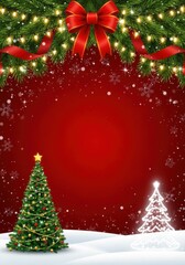 Christmas and new year background with festive decorations, red gradient, snowfall, and copy space for greeting card or invitation