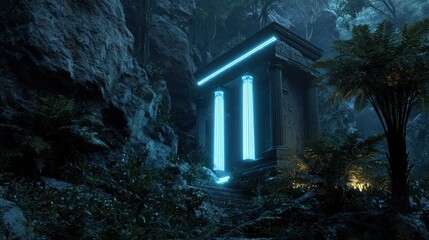An ancient, stone structure glows with vibrant blue neon light in a lush, nocturnal forest setting.