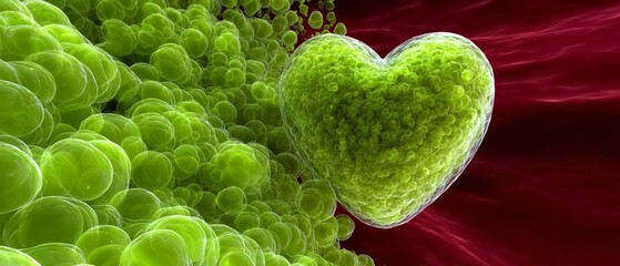 Green Heart Made Of Cells: Abstract Biological Concept Of Life, Health, And Vitality