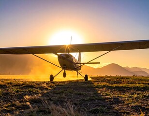 Small plane on grassy field, sunrise behind. Golden light, mountains in distance