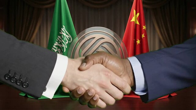 Diplomatic handshake between business leaders symbolizes a formal bilateral agreement between Saudi Arabia and China interests.