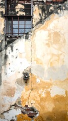 Distressed plaster wall with dark window. Weathered facade, cracked paint, architectural texture