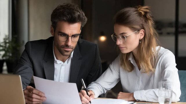 Focused Business Couple Reviewing Financial Documents at Office Desk Professional Teamwork Concept