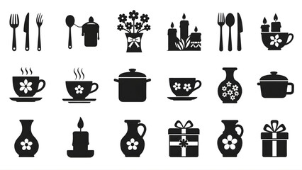 Collection of black and white tableware and gift icons