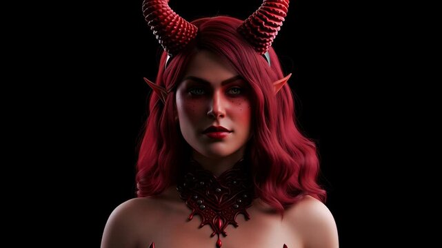 Mysterious Red-Haired Woman with Horns and Elven Ears on Black Background.