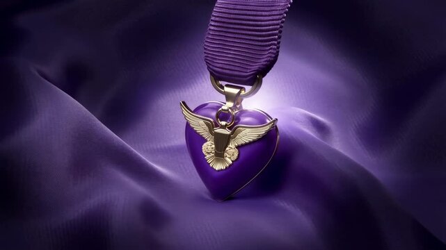 Purple Heart Medal on Silk Fabric with Spotlight, Symbol of Military Valor and Sacrifice.