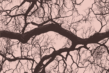 A print of black tree branches on a pink background, with no leaves.Vector camouflage pattern. Hunting camouflage seamless pattern background. Forest camouflage texture for hunting and military. © Adil Rasheed