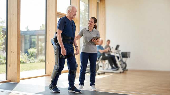 Elderly male patient using a wearable exoskeleton for gait rehabilitation with therapist. Robot-assisted physiotherapy concept. 