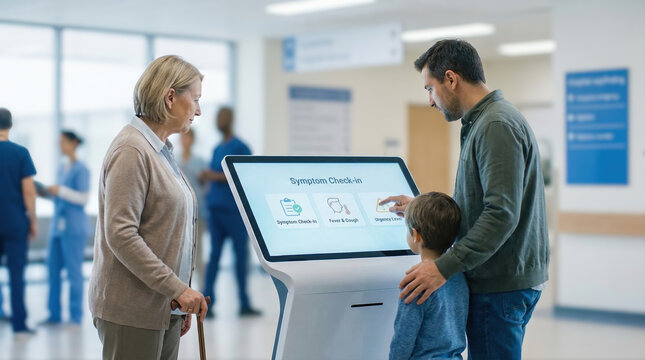 People using symptom check-in kiosk in hospital lobby. Patient triage, telehealth kiosk, modern healthcare technology. 