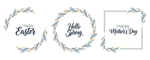 Spring Floral Wreaths Set with Easter and Mothers Day greetings text © Panna_Limon