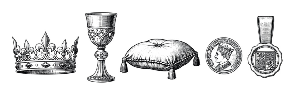 Collection of hand-drawn medieval monarchy symbols featuring a fleur-de-lis crown, ornate chalice, tassel pillow, king's medallion, and heraldic seal in a classic sketch style