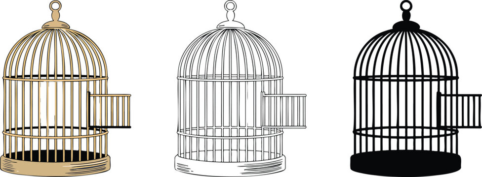 Bird cage silhouette & Outline and illustration set isolated on transparent background