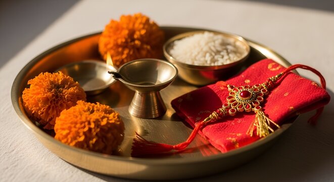 Bhai Dooj Festival Thali With Diyas, Sweets, And Roli Chawal On Golden Plate, Celebrating Indian Tradition Of Sibling Bond With Sacred Rituals And Festive Ambiance