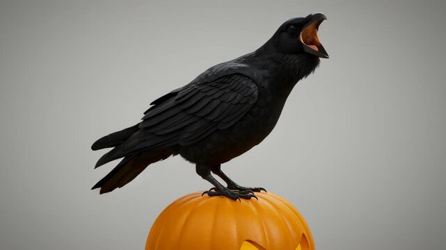 A black crow perches atop a carved orange pumpkin, creating a spooky Halloween scene with a light gray background.