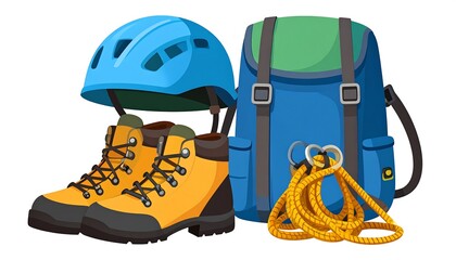Climbing gear a blue helmet, tan boots, a blue backpack, and a yellow rope all ready for an adventure