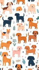 Playful dogs scattered amidst foliage on a white backdrop creating a cheerful, repeatable pattern