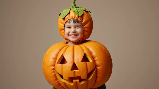 Adorable Child in Pumpkin Costume Celebrates Halloween with a Bright Smile.
