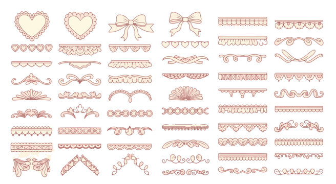Hand drawn vintage lace borders and romantic decorative elements set for wedding invitation, coquette aesthetic ribbons, hearts and frames collection