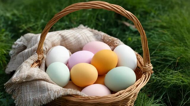 Colorful easter eggs in woven basket on grass