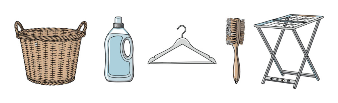 Set of hand-drawn laundry items including a wicker basket, detergent, hanger, brush, and drying rack in a clean sketch style for household chore and cleaning concepts
