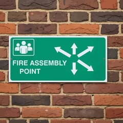 Obraz premium Green fire assembly point sign with directional arrows, mounted on a rustic brick wall, indicating emergency safety guidance.