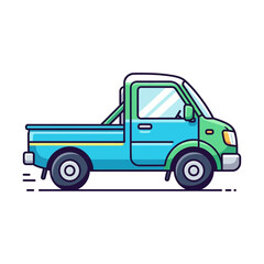 Fototapeta premium Blue and green pickup truck, cartoon style, side view, isolated on white background