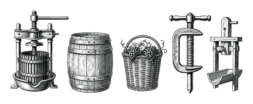 Set of vintage winemaking equipment illustrations with a grape press, wooden barrel, and wicker basket in a classic black and white hand-drawn engraving style