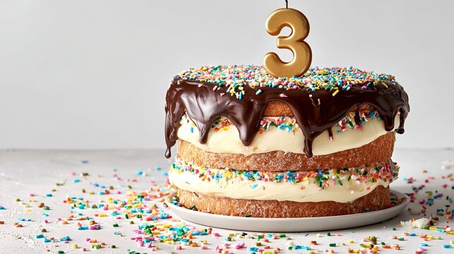 A delicious cake with chocolate icing and colorful sprinkles celebrating a third birthday