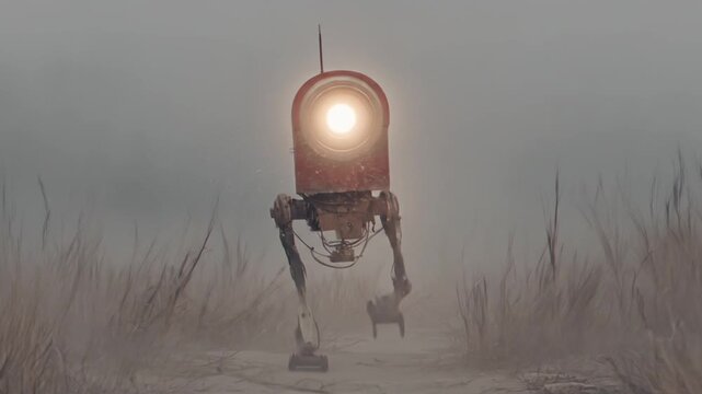 Retro-futuristic bipedal robot with bright glowing light explores a foggy, desolate wasteland