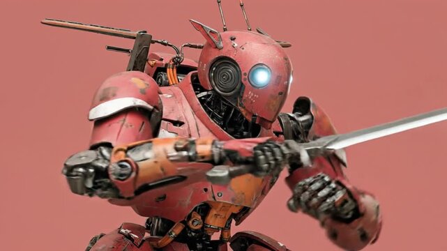 Red metallic combat robot warrior with glowing blue eye, wielding a sharp sword in an action pose, futuristic technology and AI concept.
