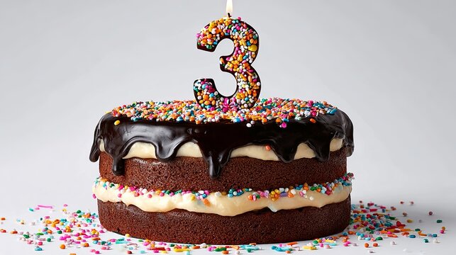 A chocolate cake with cream filling and colorful sprinkles celebrates a third birthday with a candle on top